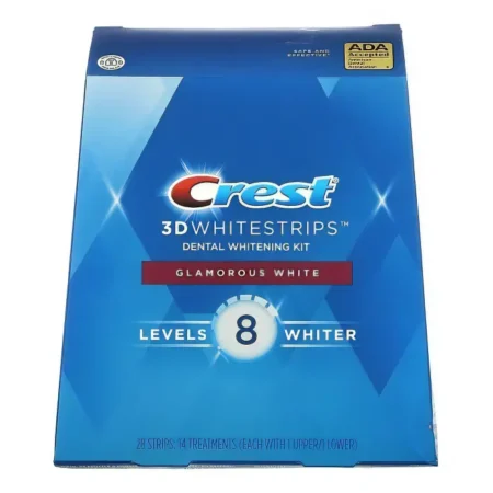 Box of Crest Glamorous White Strips for Teeth Whitening.